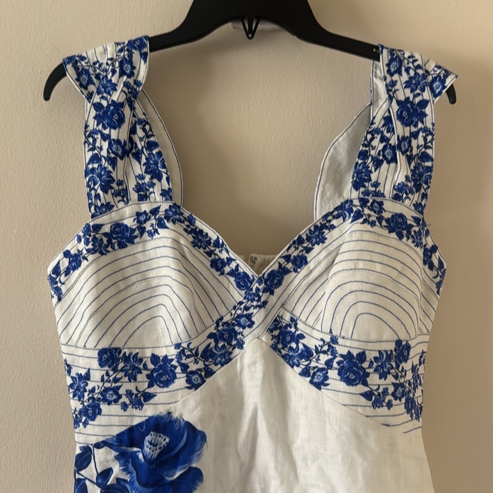 FARM RIO Floral Cascade Wavy Euroflax Premium Linen Midi Dress,Large,$280 - Picture 8 of 9